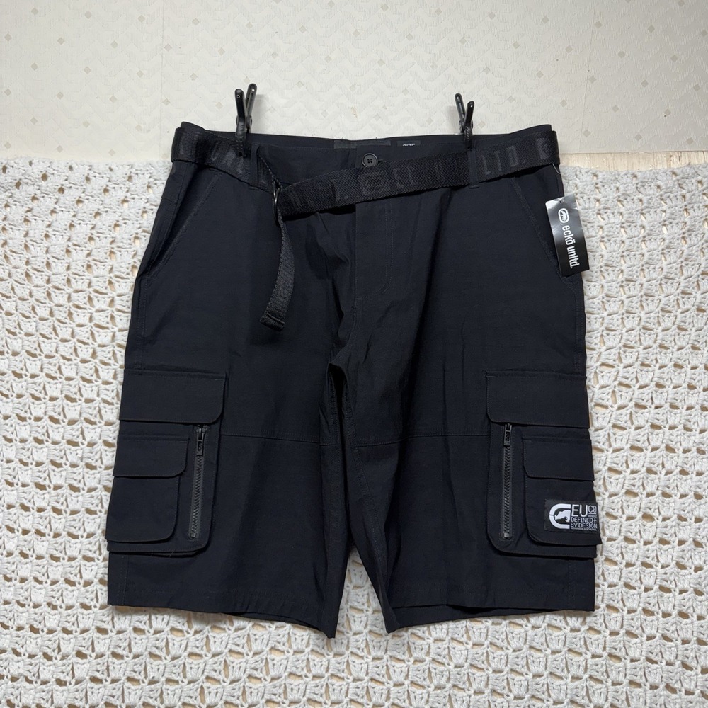 Ecko Belted Cargo Shorts Mens Tag 34 Fits 37 L11 Black Pocket Nylon Blend NWT